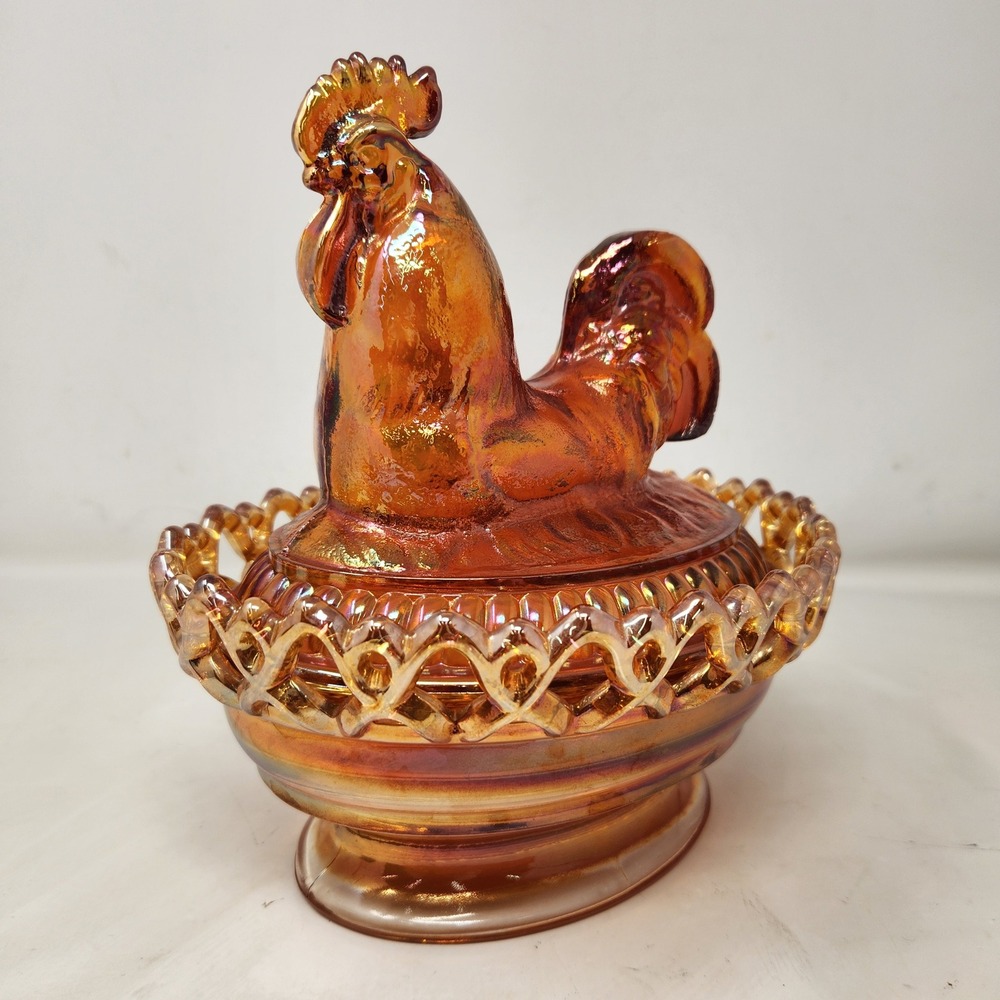 Imperial Glass Marigold Rubigold Carnival Glass Rooster Cockerel on Nest